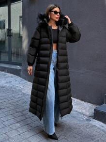 SHEIN Cottnline A Line Hem Long Fashionable Padded Coat - Black - View 4