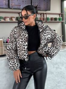 EURMUSE LEOPARD PRINT ZIP UP ELASTICAL WAIST Padded Coat - White - View 1