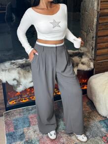 SHEIN EZwear Plus Size Retro Patchwork Waist Band Casual Straight-Leg Trousers