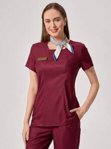TaskEZ Burgundy Red Women Simple Badge Detail Waist Fitted Short Sleeve Top And Pants Work Uniform - Burgundy - View 6