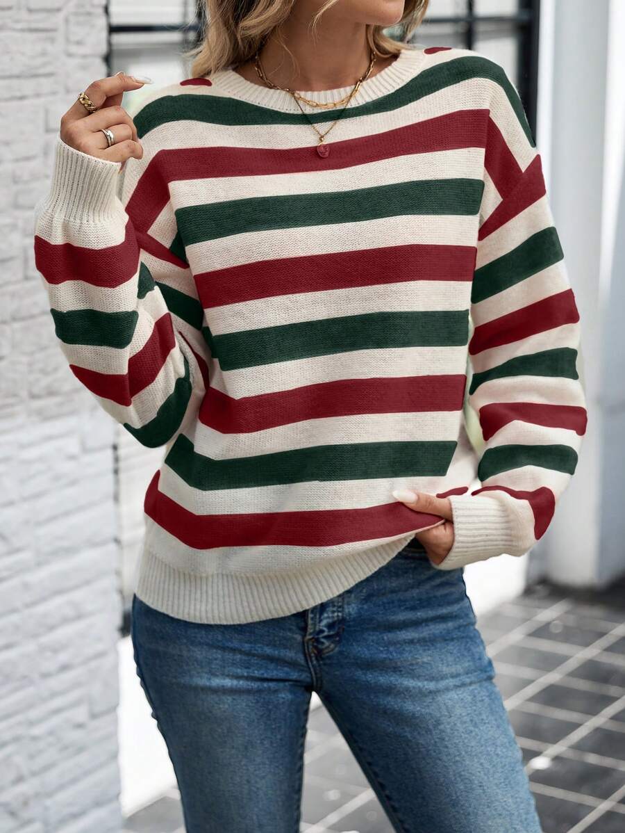 SHEIN LUNE Valentine Day Sweater Women's Round Neck Casual Striped Long Sleeve Sweater In Fall/Winter