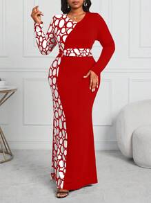 SHEIN Lady Plus Size Women Black & Contrast Geometric Pattern Fitted Fishtail Hem Dress, For Business/Professional