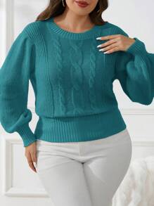 SHEIN Frenchy 大码优雅学院风基本款圆领长灯笼袖锦缎粗针织套头衫，黄色，适合冬季 - 水鴨藍 - 查看 9