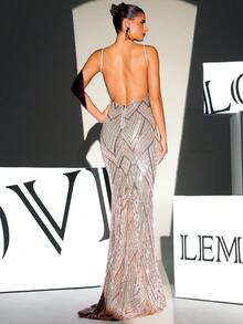 Open Back Mermaid Hem Sequin Slip Formal Gown, Elegant Prom Evening Dress, For Wedding Guest, Graduation, Dinner, Party Dress - Gold - View 2
