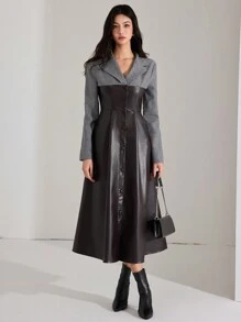 Heiryn Vestido coreano elegante de salir con cuello, de estilo elegante y de contraste de color con revestimiento de piel sintética - Multicolor - Ver 2