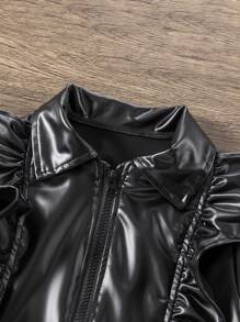 SHEIN Young Girl Solid Color Zipper Ruffle Trim Long Sleeve Jacket And Contrast Color Camisole Dress 2pcs/Set