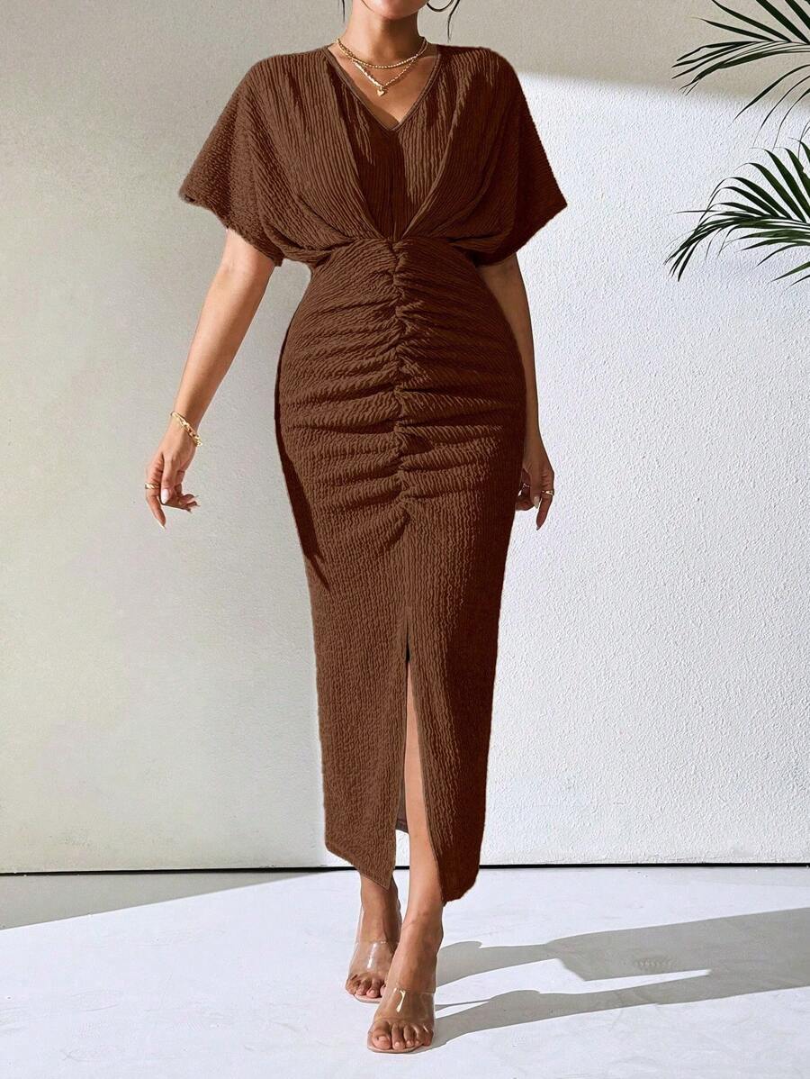 EMERY ROSE 1pc Women's Solid Color V-Neck Batwing Short Sleeve Ruched Slit Bottom Elegant Dress Maxi Women Outfit - Coffee Brown - View 1