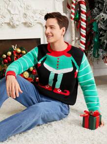 SHEIN Red Long Sleeve Christmas Sweater For Men, Icelandic Pattern, Autumn & Winter - Black - View 6