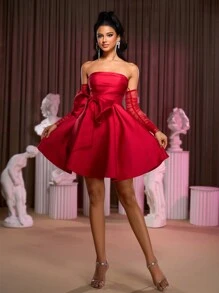 SHEIN Belle 女士勃艮第红色优雅时尚流行可爱红色缎面 3D 超大蝴蝶结装饰露肩褶饰后背系带设计高腰 A 字形泡泡袖喇叭下摆派对/约会/晚礼服、婚礼宾客礼服、舞会礼服 - 酒紅色 - 查看 1