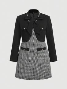 SHEIN MOD Plus Size 2pcs Set: Solid Color Long Sleeve Blazer Jacket & Contrasting Bow Sleeveless Dress, Elegant Suit Look In Fall/Winter - Black - View 10