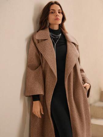 Anewsta Elegancka damska długa dzianinowa kurtka z kołnierzem, minimalistyczny styl na jesień/zimę