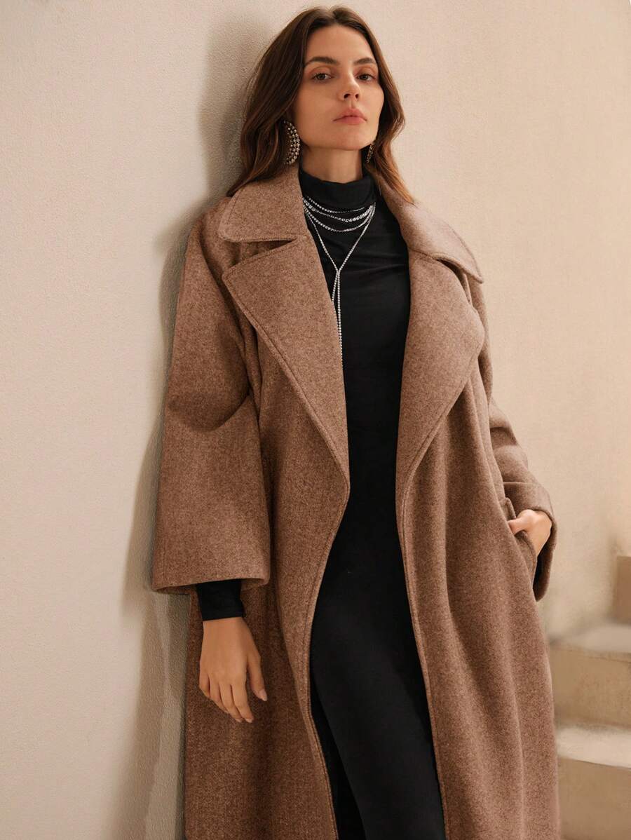Anewsta 女士优雅立领长款针织夹克,秋冬季简约风格 - 駝色 - 查看 1