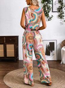 Breezaya Macacão feminino casual vintage sem mangas estampado, férias de verão