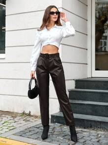 Jednolity Z paskiem PU Skóra Spodnie