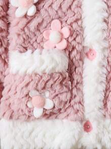 1 件女童可爱花朵口袋双排扣毛绒长袖开衫 - 粉色 - 查看 4