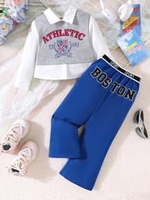 SHEIN 2 قطعة/ مجموعة من ملابس علوية كنزة مع أكمام طويلة بطبعة حرف و سروال واسع الساق بخصر مطاطي، ملابس شتوية، للفتيات الصغيرات