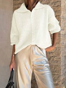 DAZY 纯色宽松翻领女式开衫，秋季女装夹克 - 白色 - 查看 5