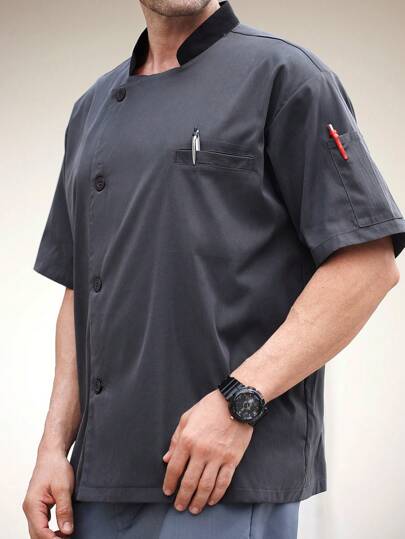 Manfinity Men's Contrast Color Stand Collar Short Sleeve Pocket Single-Breasted Chef Coat