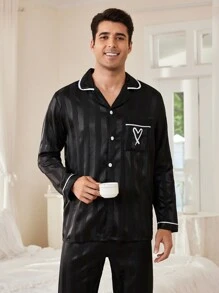 Manfinity Embroidered Pocket Jacquard Faux Silk Men's Pajama Set - Black - View 6