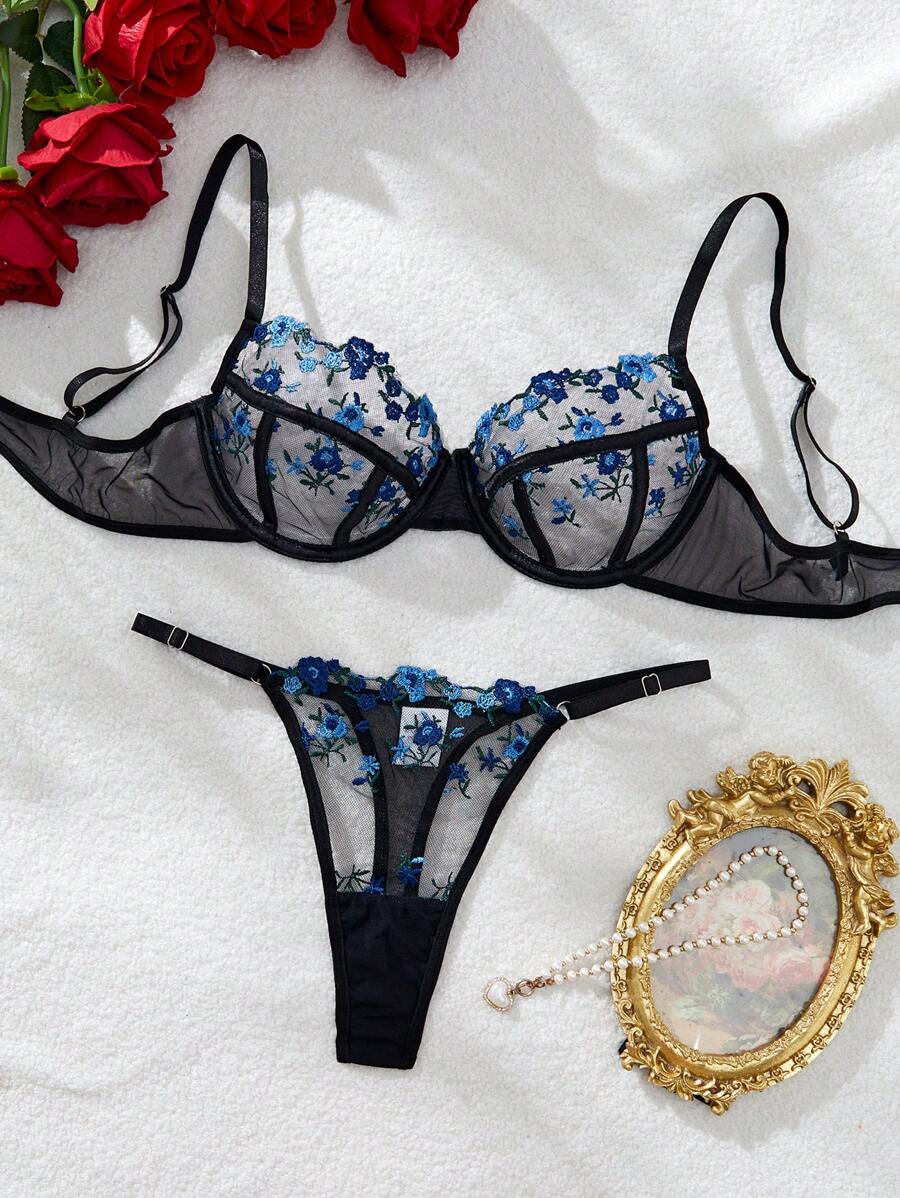 2 piezas Conjunto de lencería sexy negro y rojo bordado para mujer - Azul Marino - Ver 1