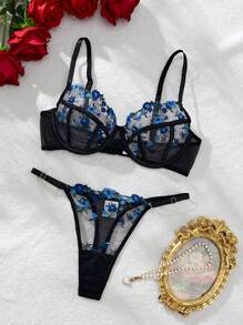 2 piezas Conjunto de lencería sexy negro y rojo bordado para mujer - Azul Marino - Ver 3