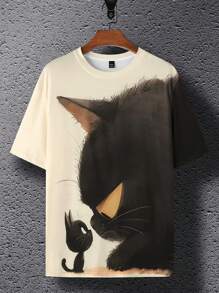 Manfinity LEGND Camiseta de manga corta informal para hombre con estampado divertido de gato de dibujos animados, para el verano, para salir, para amigos