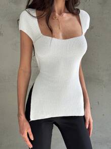 SHEIN Privé Camiseta blanca romántica para cita con cuello cuadrado, ajuste ceñido, espalda descubierta y mangas cortas de nudo