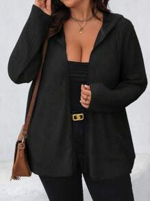 SHEIN LUNE Jaqueta com Capuz e Cordão Plus Size em Cor Sólida Para Mulheres, Casual, Outono - Preto - Visão 5