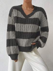 Chiquease 女士条纹 V 领落肩长袖休闲宽松套头毛衣，秋冬 - 灰色 - 查看 5