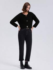 Chunky Knit Solid Color Button-Up Round Neck Elegant Long Sleeve Cardigan - Black - View 4