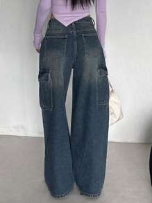 DAZY Jeans cargo de pierna recta holgados y de ajuste suelto para mujer con bolsillos grandes