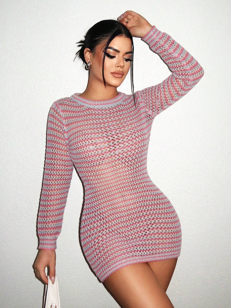 Zolique Women Stripe Print Round Neck See-Through Sexy Long Sleeve Sweater Dress Fall Cloth For Women - Multicolor - View 1