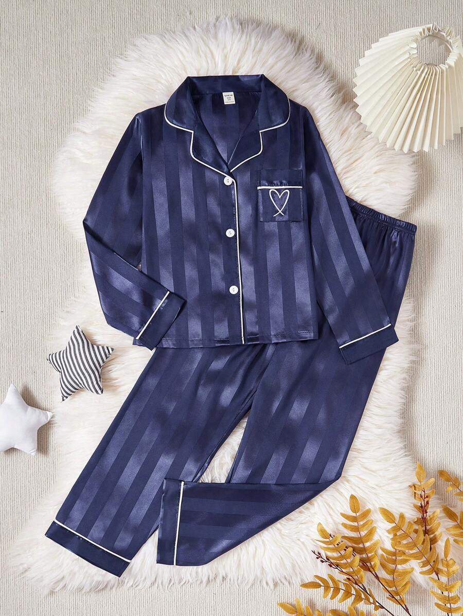 Girls Striped Long Sleeve Cardigan & Pants 2 Pieces Pajama Set, Champagne Color, For Older Tween Girl - Royal Blue - View 1