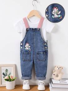 SHEIN 1 套女婴可爱小马图案粉色背带和蓝色牛仔背带裤，女婴秋冬装 - 淺色水洗藍 - 查看 1