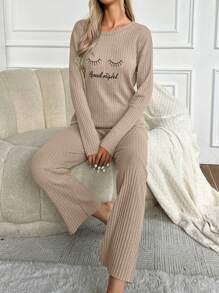 EURMUSE Women Eye And Letter Embroidery Round Neck Long Sleeve Top + Pants Homewear Set - Mocha Brown - View 5