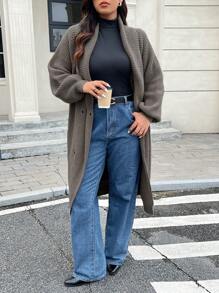 SHEIN Frenchy Suéter largo de otoño de talla grande, suéteres cálidos, ropa para salir, ropa para el aeropuerto, ropa para mujer con solapa grande, cárdigan de botones con mangas largas, informal para uso diario