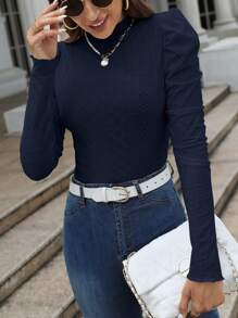 SHEIN Frenchy 纯色立领长袖基本款紧身衣，日常休闲穿着 - 藏蓝色 - 查看 4