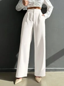 Pantalon à jambe droite avec détail plissé et taille haute, boutons élégants pour dames au printemps/automne, poches, fermeture éclair, taille haute, jambe large longue, ample, couleur abricot, pantalon pour femmes, porter au quotidien de manière décontractée