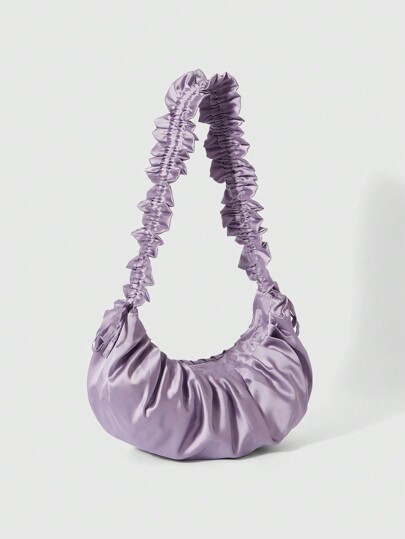 Kawaii Women's Minimalist Drawstring Ruffle Trim Shoulder Bag, Solid Color Lightweight Elegant Sweet Handbag