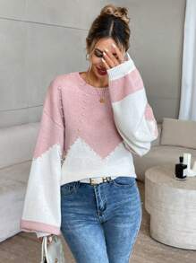 SHEIN Privé 1 件女式纯色拼布圆领长袖休闲手工串珠毛衣 - 彩色 - 查看 5