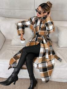 SHEIN Privé Women's Casual Plaid Long Overcoat, Autumn/Winter - Multicolor - View 4