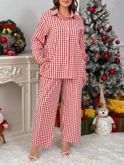 SHEIN Privé 大码优雅休闲红白格子圣诞复古校园风格两件套：长袖衬衫和直筒裤