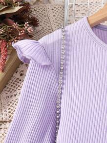 Sparklyn 2 件套 Tween Girl 雏菊花朵印花连体裤搭配紫色长袖 T 恤，度假休闲可爱装 - 紫丁香色 - 查看 4