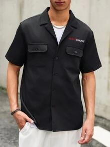 Manfinity Hypemode Men Summer Casual Letter Print Workwear Short-Sleeved Shirt