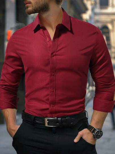 Calvornis 男士纯色休闲/商务长袖衬衫，秋季