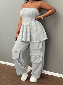 Slaydiva 多口袋大码女式长裤，厚羊毛面料，街头服饰，休闲运动，灰色，秋冬 - 灰色 - 查看 7