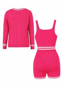Conjunto de 3 piezas de chaquetas de punto con jacquard vintage para niñas y adolescentes, elegante para la escuela, uso casual en la calle, en casa, de viaje, fiestas, apto para primavera, verano y otoño - Rosa Fucsia - Ver 2