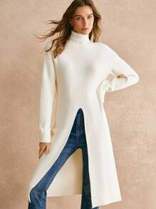Poéselle Long Apricot Sweater,Long Turtleneck Slit Sweater,Women High Collar Dropped Shoulder Solid Color Long Sleeve Split Hem Casual Sweater, Autumn/Winter,Fall Women Outfits,Fall Sweaters,Old Money StyleWarm And Comfortable, Suitable For Daily Street, Home, Commuting And Other Occasions To Wear
