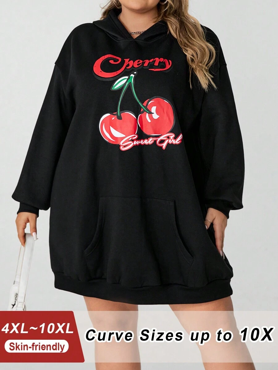 SHEIN CURVE+ 加大码樱桃印花长款卫衣(带口袋),休闲可爱 - 黑色 - 查看 1
