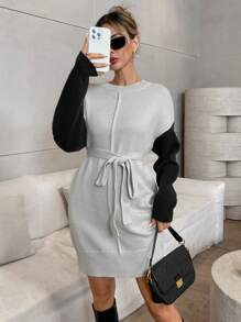 SHEIN Unity Solid Color Patchwork Round Neck Long Sleeve Tie Waist Minimalist Knit Sweater Dress - Multicolor - View 3